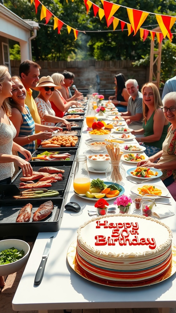 A festive barbecue party table with grilled meats, salads, and a birthday cake for a 50th celebration.